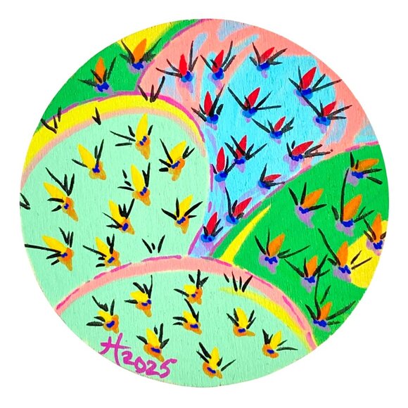 Colorful Cactus Original Watercolor Painting on Wood Round 4in Desk or Wall Art - Picture 1 of 6